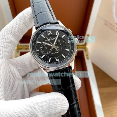 Replica Jaeger LeCoultre Polaris Watch SS Black Dial Black Leather Strap